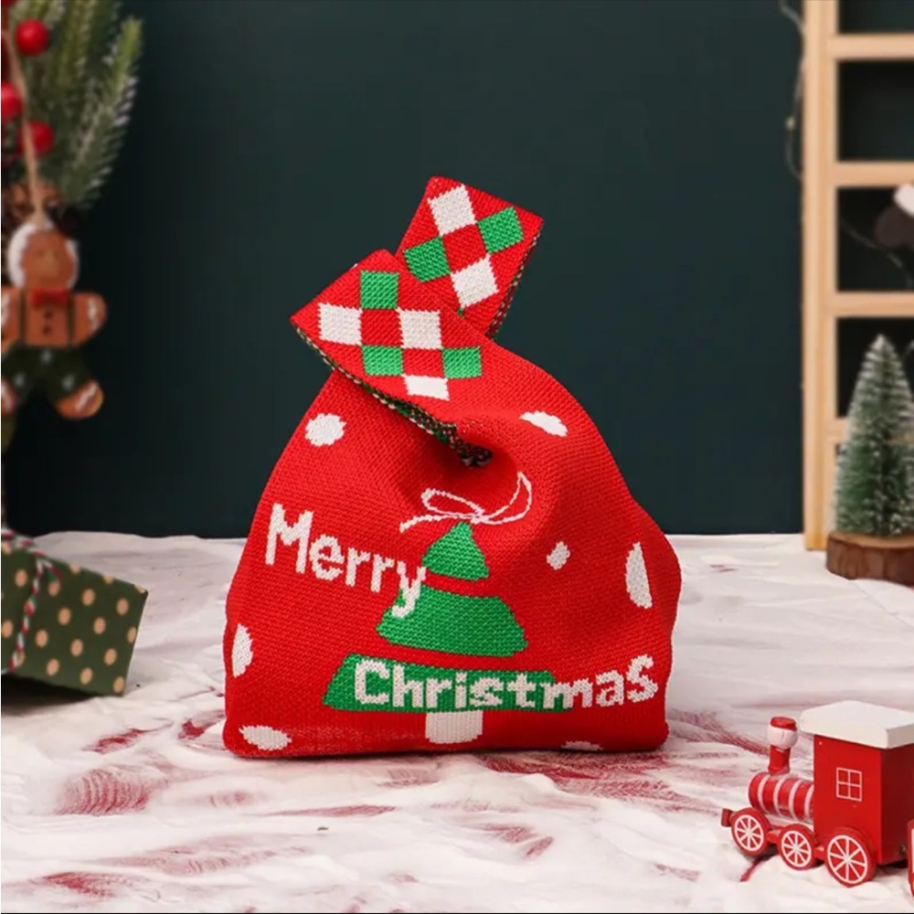 Christmas Knitted Style Red & White Canvas Christmas‎ Bag with "Merry Christmas"